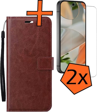 Hoes - Met 2x Screenprotector - Geschikt voor Google Pixel 10 - Luxe Pasjeshouder - Bookcase Portemonee - Flip Case - Kunstleer Book Case - Flipcase Hoes - Book Cover - Walletcase - PortemonneeHoes - Bruin