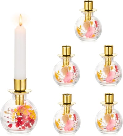 Dried Flowers Kaarsenhouder voor Stokkaarsen - 6 Stuks, Adventskrans, Kerstcadeaus voor Vrouwen, Glazen Tafeldecoratie in Goud voor Eettafel en Boho Lente Styling