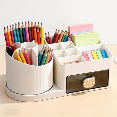 360° Draaiende Bureau Organizer voor Make-up en Kantoorbenodigdheden met Laden, Ruimtebesparend en Multifunctioneel Design voor Desk en Stationery