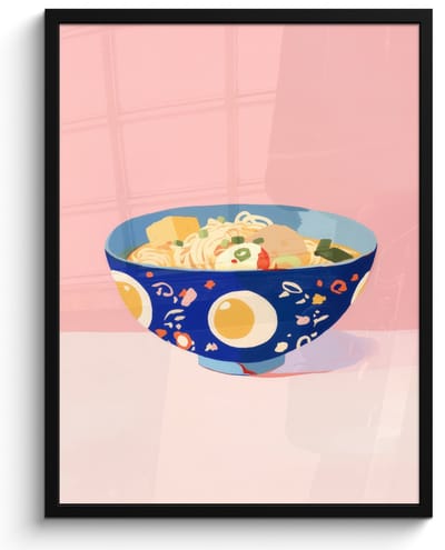 Poster in lijst - Fotolijst 50x70 cm - Posters - Noodles - Kom - Blauw - Illustratie - Posterlijst zwart - Decoratie - Wanddecoratie woonkamer - Muurdecoratie slaapkamer