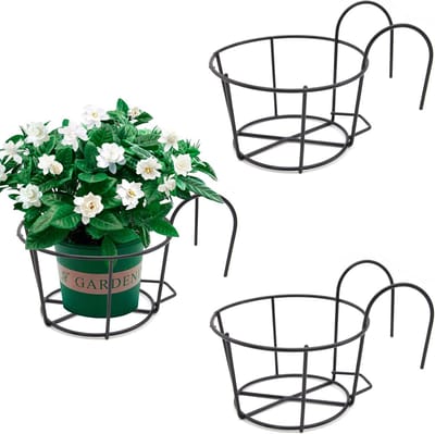 Ronde metalen hangende reling plantenbakken bloempothouders mand ingemaakte standaard ijzeren rek hek ondersteuning standaard plank voor balkon tuin hek patio binnen en buiten gebruik, zwart (3