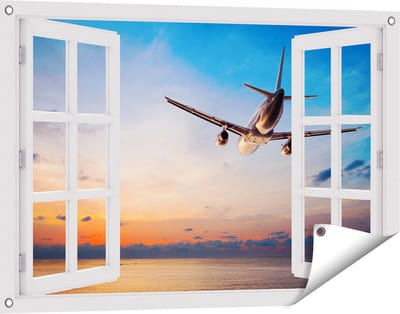 Gards Tuinposter Doorkijk Vliegtuig Boven de Zee bij Zonsondergang - 90x60 cm - Tuindoek - Tuindecoratie - Wanddecoratie buiten - Tuinschilderij