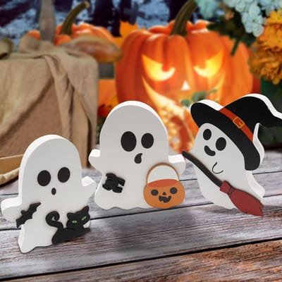 Unieke Halloween Decoratie met 3 Stuks Geestfiguren - Spookachtige Houten Kat en Vleermuis voor Feestjes en Tafelversiering