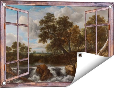 Gards Tuinposter Doorkijk Landschap met Waterval - Jacob van Ruisdael - 60x40 cm - Tuindoek - Tuindecoratie - Wanddecoratie buiten - Tuinschilderij