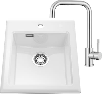 CECIPA Max Spoelbak Wit 45x50CM - Keramische Spoelbakken Keuken - Enkele Spoelbak Met Keukenkraan - Spoelbakken Incl. Sifon en Afvoerzeefje