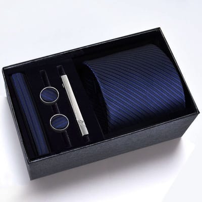Zijde Stropdas Set - Stropdas met Pochet, Manchetknopen en Dasspeld - 100% Zijde Tie Set - Blauwe Lijnen