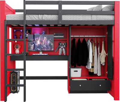 Sweiko Hoogslaper - 90 x 200 cm - LED-verlichting - Met bureau - Kledingkast - Lades - Kinderbed - Rood + Zwart