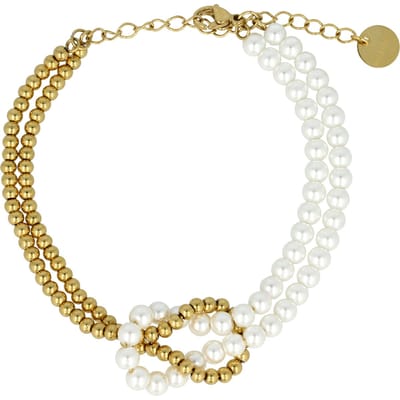 My Bendel - Goudkleurige Armband met Witte Parels en Knoopdetail - met Luxe Cadeauverpakking | Sieraden Voor Dames