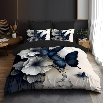 Ensemble de literie Papillon Bleu Floral Marbre Impression 3D Housse de couette Taie d'oreiller Doux pour la peau Résistant à la décoloration Pour décoration de chambre EU Twin(135x200cm) white