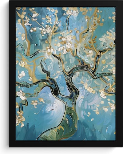 Poster in lijst - Fotolijst 30x40 cm - Posters - Amandelbloesem boom - Blauw - Abstract - Posterlijst zwart - Decoratie - Wanddecoratie woonkamer - Muurdecoratie slaapkamer