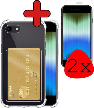 Hoesje Geschikt voor Apple iPhone SE (2022) - Met 2x Screenprotector - Pashouder - Kaarthouder - Telefoon Hoes Shockproof - Siliconen Case - Back Cover - Shock Proof - Pasjes Houder - Transparant