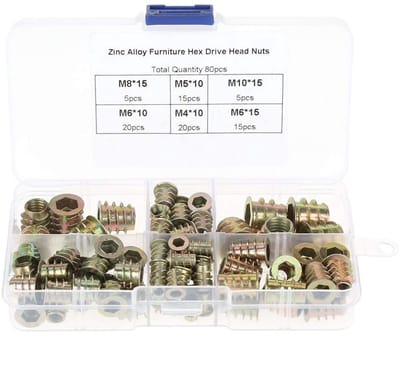Dailygoods- Schroefdraad Inserts 80 Stuks - M4/M5/M6/M8/M10 - Zinklegering - Schroef-in Moer - Assortiment Set - Voor Houten Meubels - Schroefmoeren