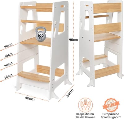 Montessori houten leertoren/observatietoren – kruiptoren voor kinderen – 3 verstelbare hoogtes antislip oppervlak anti-kantelvoeten (Wit)
