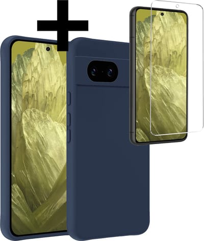 Hoesje - Met Screenprotector - Geschikt voor Google Pixel 8a - Sterk & Shockproof - Back Cover - Siliconen Case - Telefoon Hoes - Telefoonhoesjes - Donkerblauw