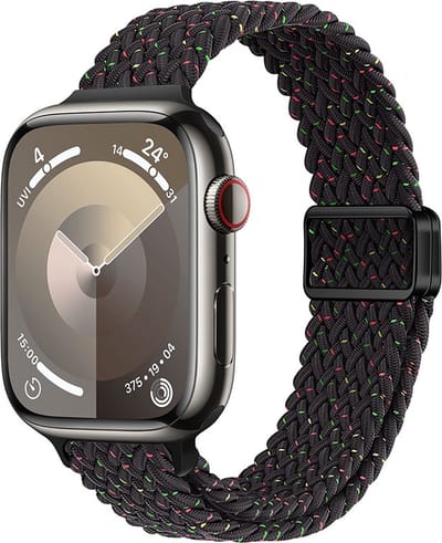 Bandje van gevlochten nylon - geschikt voor Apple Watch series 1/2/3/4/5/6/7/8/9/10/11/ SE (1,2,3) / Ultra (1,2,3) met maat 44 mm / 45 mm / 46 mm / 49 mm - zwart-confetti