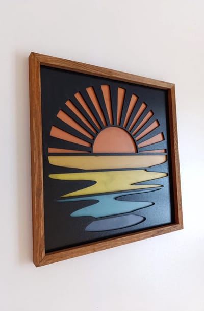 Kleurrijke Zonsondergang Decoratief Schilderij Zonsondergang Zonsopgang Houten Muurkunst | Laser Gesneden Muurkunst 32x32 cm