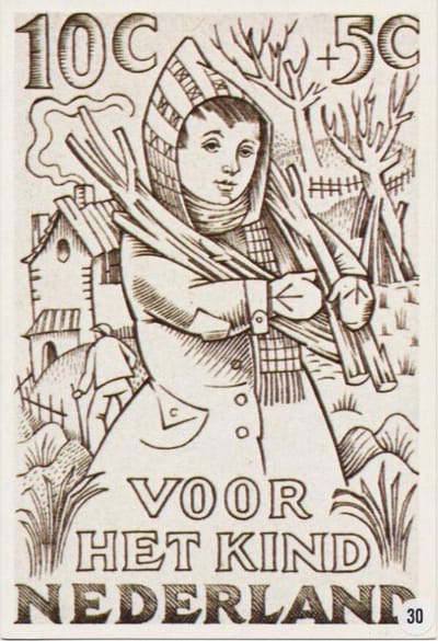 Briefkaart met afbeelding zinnebeeldige voorstelling van een meisje in de winter postzegel