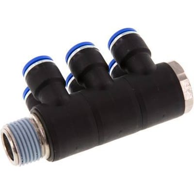 10mm x R1/2'' 6-way Manifold Messing/PA 66 Insteekfitting Buitendraad Draaibaar NBR