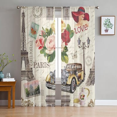 Parijs Vintage Met Retro Auto Rozen Chiffon Transparante Gordijnen voor Woonkamer Slaapkamer Keuken Decoratie Raam Voiles Tule Gordijn 135W x 114H(cm)