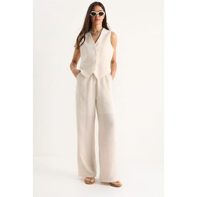 V-hals Vest en Wijde Pantalon Twee-delige Coord Set