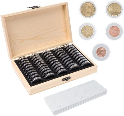 Muntverzamelaar - Collectiebox - Munten Bewaardoos - 50 Verstelbare Capsules & Houten Kast - Met Slot & Transparant - Voor Verzamelaars & Cadeau