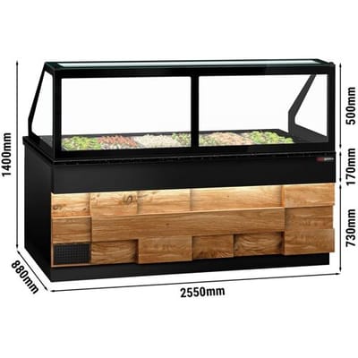 GGM Gastro Saladette TORONTO - 2550mm - Holzfront - 4 Türen - für 6x GN 1/1 - schwarze Granit-Arbeitsplatte Zwart / Bruin