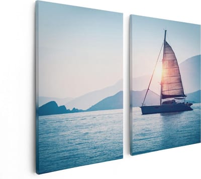 Artaza Canvas Schilderij Tweeluik Zeilboot bij Zonsondergang - 80x60 - Foto Op Canvas - Canvas Print
