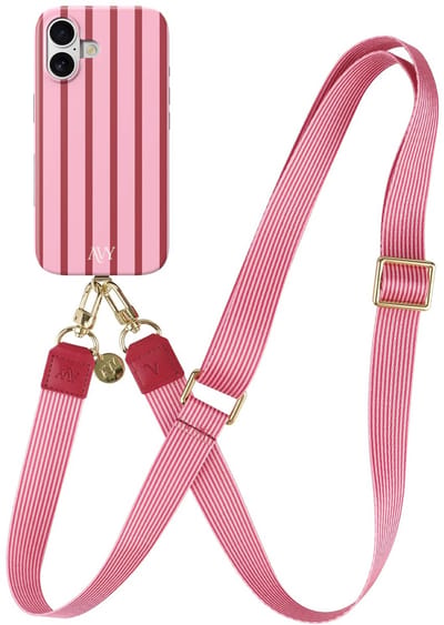 AVY Hoesje Met Telefoonkoord | Geschikt voor Apple iPhone 16 | Compatibel met MagSafe | Hard Shell Back Cover | Stijlvol Bijpassend Koord 130CM | Linea Sol | Roze
