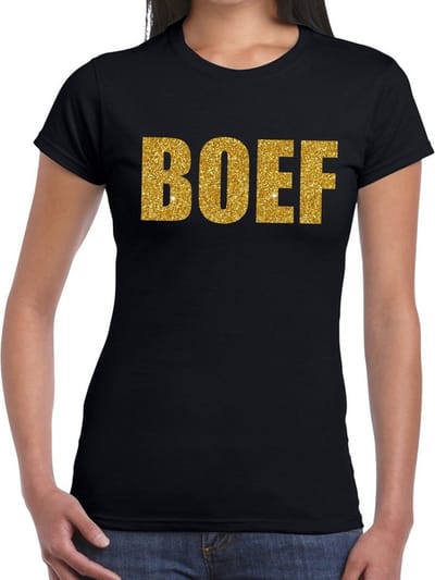 Boef glitter goud tekst t-shirt zwart dames - dames shirt Boef in gouden glitter letters XS