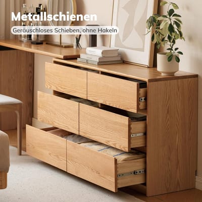 Commode met uitschuifbaar bureau 120-220 cm – L-vormige ladekast werkplek 79 x 40 x 120 cm massief eiken – draaibaar tafelblad – 6 laden opbergsysteem – slaapkamer kantoor make-uptafel – natuurlijke houtkleur – Abkantoor
