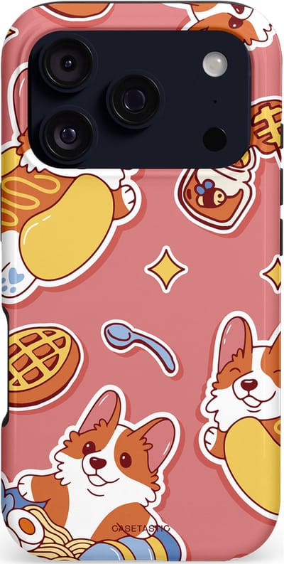 Casetastic hoesje geschikt voor Apple iPhone 17 Pro - MagSafe - Dubbellaagse bescherming - Corgi snacks - Fashion Case - Koraal Terracotta Lichtgrijs Goud