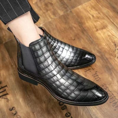 Krokodillenprint Chelsea Herenlaarzen Ademende Korte Laarzen Mode Puntige Martin Laarzen Trend Haarstylist Hoge Top Leren Schoenen 43 gray