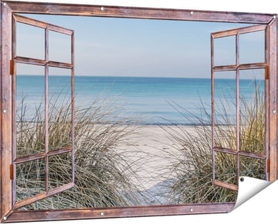 Gards Tuinposter Doorkijk Strand en Zee vanuit de Duinen - 150x100 cm - Tuindoek - Tuindecoratie - Wanddecoratie buiten - Tuinschilderij