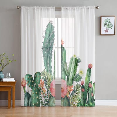 Tropische Plant Cactus Scandinavische Tule Gordijnen Voor Woonkamer Huis Decoratie Raamgordijn Keuken Doorzichtig Voile Gordijn 135W x 114H(cm) white