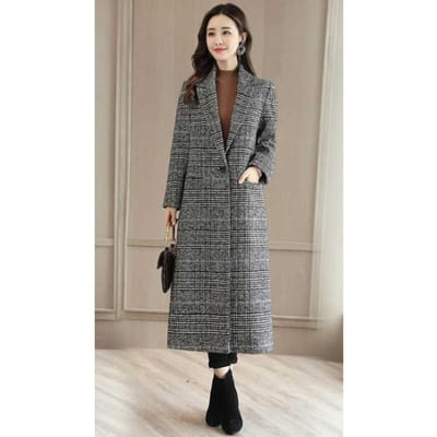 Wollen Jas Dames Nieuwe Stijl Retro Ruit Midilengte Wollen Jas Koreaanse Stijl Losse Herfst- en Winterjas 2XL