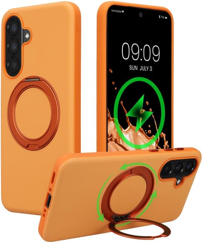 kwmobile Hoesje met 360° ringstandaard voor Samsung Galaxy A56 5G - Hardcase met draaibare kickstand - Compatibel met MagSafe - oranje