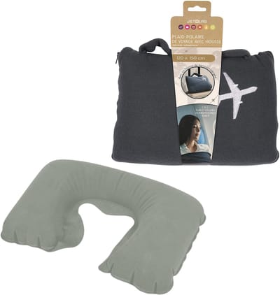 Benson Reisdeken met reiskussen - zwart - fleece - nekkussen - opblaasbaar