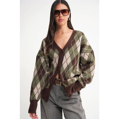 Oversized Argyle V-hals Knopen Cardigan