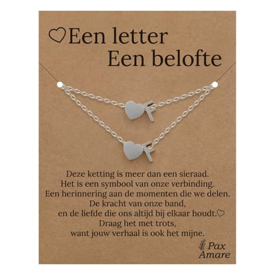 Letter F ketting + armband set op Cadeau Kaartje - Een letter, een belofte - Zilverkleurig Stainless Steel - Initiaal & Hartje Hanger - Pax Amare