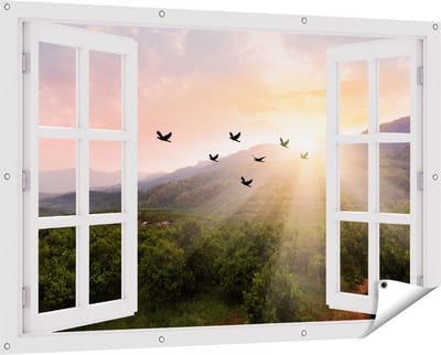 Gards Tuinposter Doorkijk Silhouet Zwerm Vogels bij Zonsondergang - 150x100 cm - Tuindoek - Tuindecoratie - Wanddecoratie buiten - Tuinschilderij