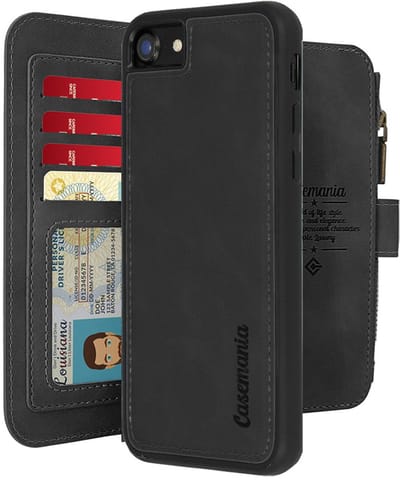 CaseMania Bookcase hoesje geschikt voor Apple iPhone SE (2022)/SE (2020)/8/7 - Effen Zwart - Kunstleer - Portemonnee met 14 Vakjes voor Pasjes en Ritsvak