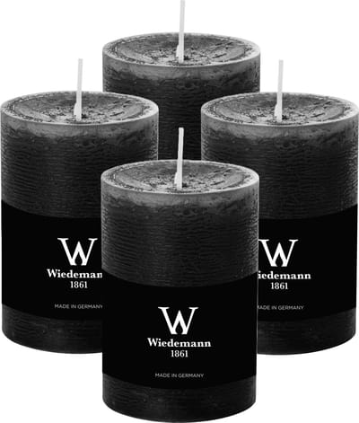 Wiedemann Cilinderkaars/stompkaars - 4x - rustieke kaars - zwart - 7 x 10 cm - 43 branduren