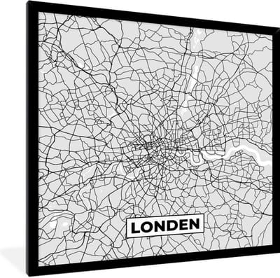Fotolijst incl. Poster Zwart Wit- Londen - Stadskaart - Plattegrond - Zwart Wit - Kaart - 40x40 cm - Posterlijst