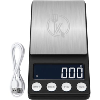 Kitchenwell digitale mini precisie keukenweegschaal - 0,01 tot 200 gram - 14.2 x 7.5 cm - pocket scale USB oplaadbaar - weegschaal keuken - zwart
