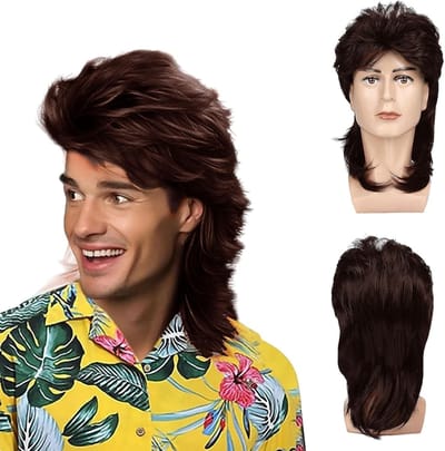 Brunette Mullet Perücke voor Mannen, 80s Rocker Stijl, Lange Krullende Haar voor Carnaval en Halloween Kostuums