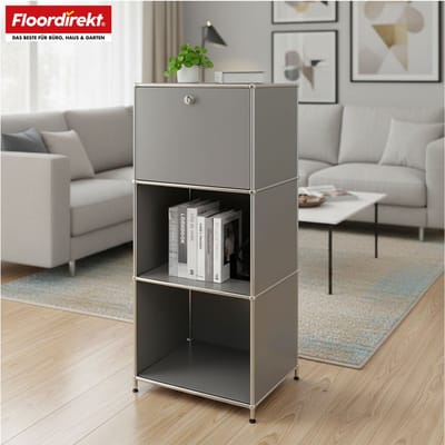 FLOORDIREKT Metalen Rek Concept Epure MK-107 - Opbergrek Met 4 Verdiepingen - Afsluitbaar Vak & Legplanken - 50 x 121 x 40 cm - Grijs -Verkrijgbaar in Verschillende Kleuren - Metalen Rek in Modern Design - Rek Voor Woonkamer, Kantoor & Hal