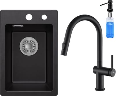 CECIPA max Spoelbak voor keuken 30x45cm - Granieten Spoelbakken Met Keukenkraan Met Uittrekbare Uitloop en Zeepdispenser 300ML - Enkele spoelbak Zwart - Wasbak met waterafvoersysteem
