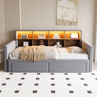 Gestoffeerd uitschuifbaar slaapbankbed 90/180x190 cm – LED + USB – hoofdbord met opbergruimte – 2 lades – fluweel donkergrijs