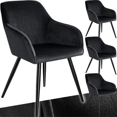 tectake® Eetkamerstoel Marilyn - Set van 4 - Met Armleuningen - Elegante Stoel met Gevoerde Zitting in Fluweellook - Gestoffeerd - Zwarte metalen poten - Ergonomische Keukenstoel - Stoel voor Woonkamer, Eetkamer en Slaapkamer - Zwart