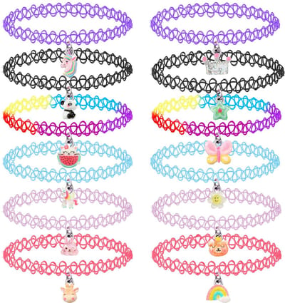 12 Stuks Choker Ketting Set voor Kinderen Tieners Meisjes Vrouwen, Hanger Charm Eenhoorn Regenboog Panda Kat Hart Bloem Zeemeermin Chokers Henna Tattoo Stretch Elastische Zwart Roze Groen Blauw Rood